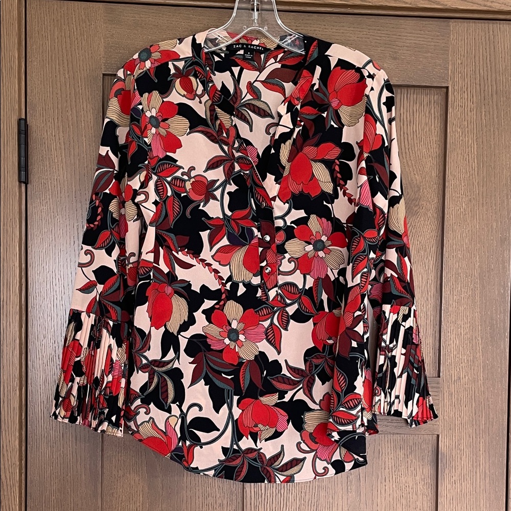 Zac & Rachel Red, Black & Cream Floral V-Neck Blouse Size S